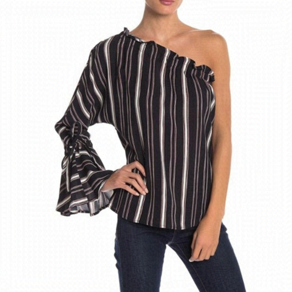 Bishop + Young Stripe One Shoulder Blouse Small